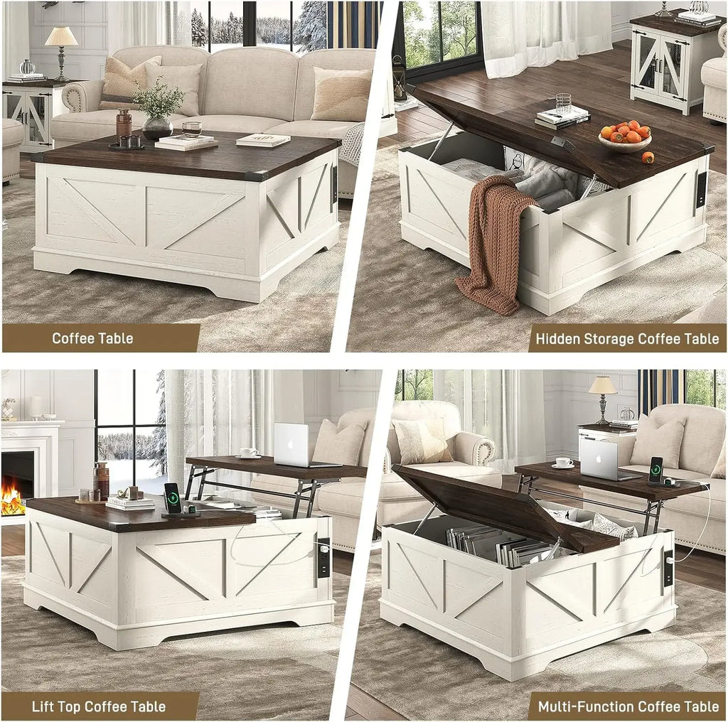 40” Large Farmhouse Lift Top Coffee Table with Power Outlets and Large Hidden Storage, Square Wood Living/Room Tables