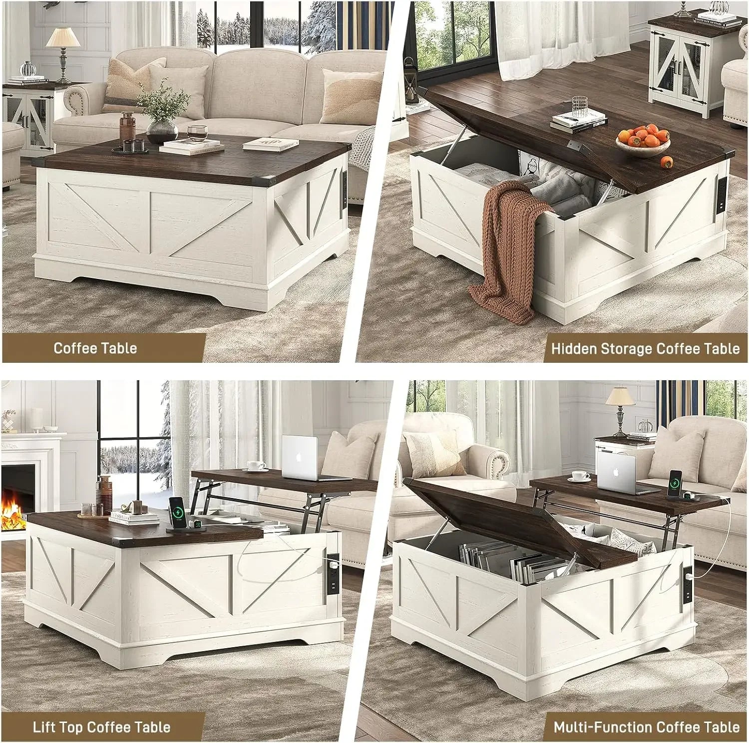 40” Large Farmhouse Lift Top Coffee Table with Power Outlets and Large Hidden Storage, Square Wood Living/Room Tables