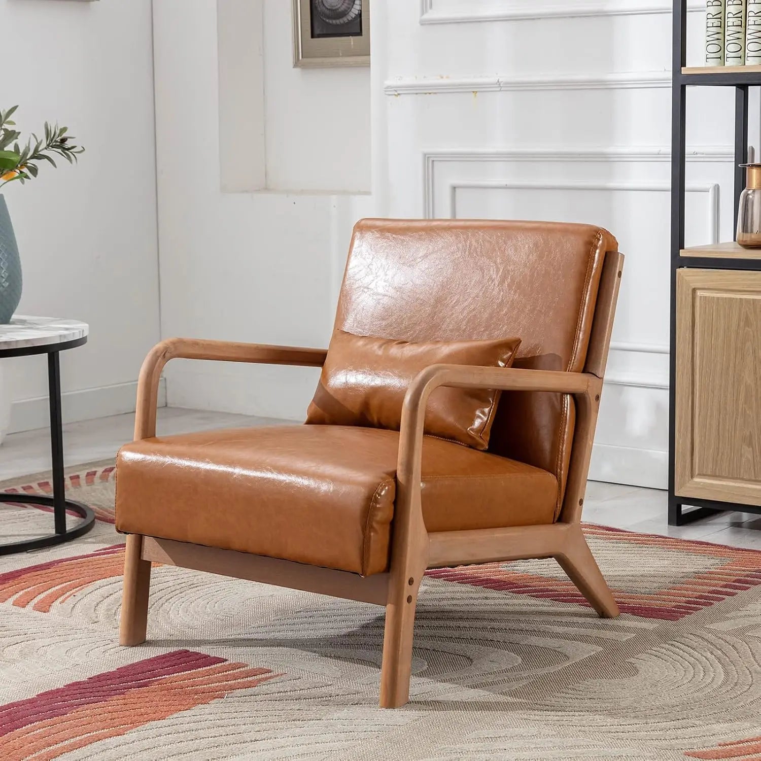 Mid Century Modern Accent Chair, Comfy Fabric Living Room Chairs with Solid Wood Frame, Lounge Reading Armchair