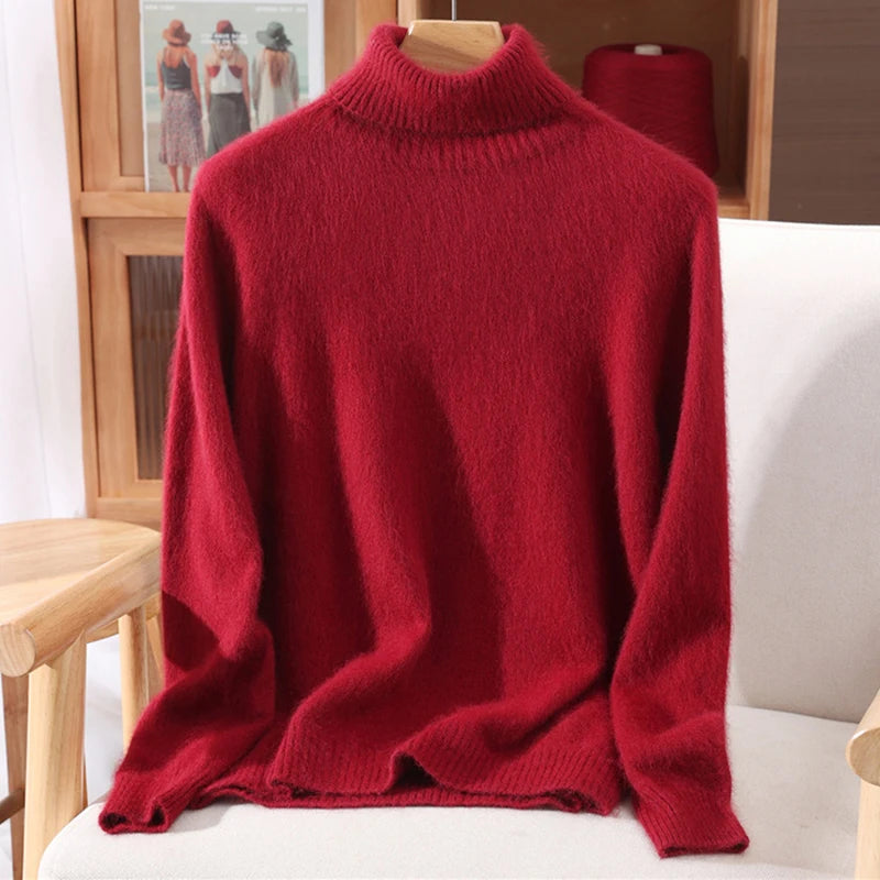 Autumn And Winter 100% Mink Cashmere Sweater, Ladies' High Lapel Solid Color Padded Pullover Wool Knitted Bottoming Shirt