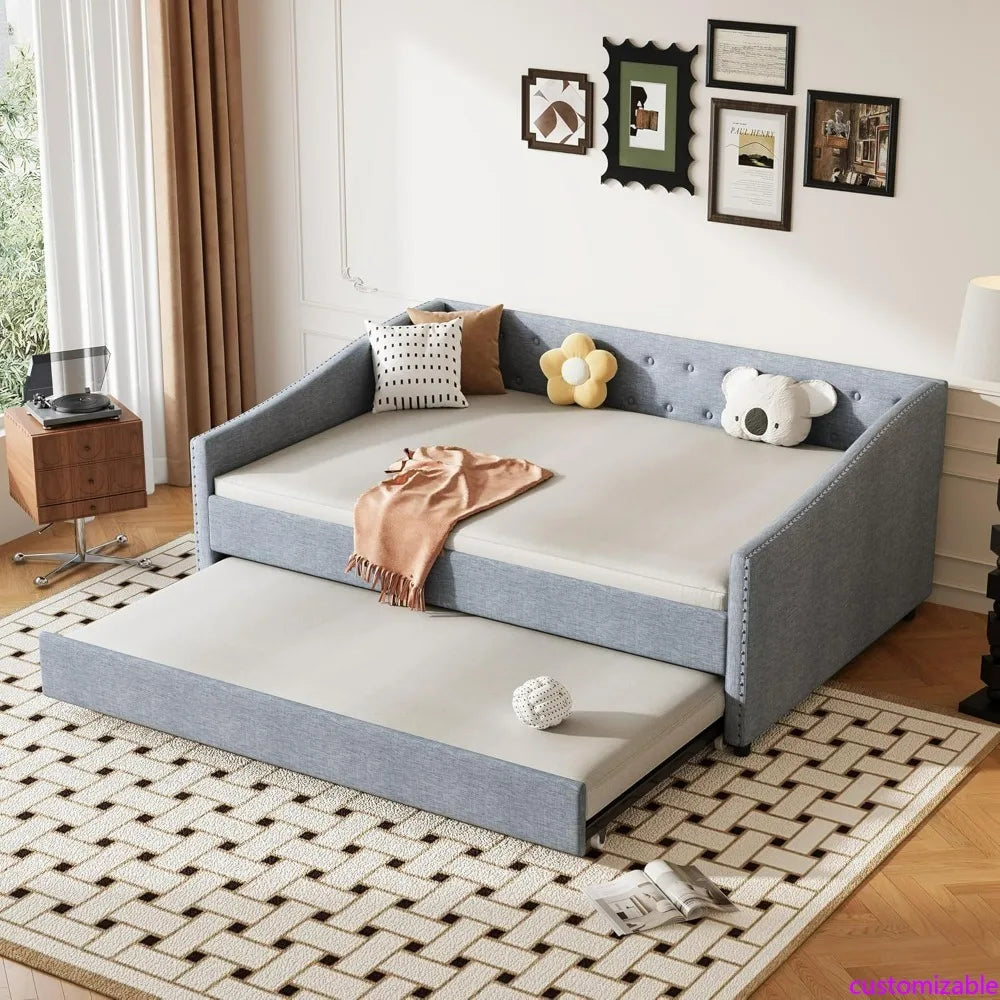 Full Size Tufted Daybed with Trundle and Waved Arm Piping for Guest Bedrooms/Living Rooms