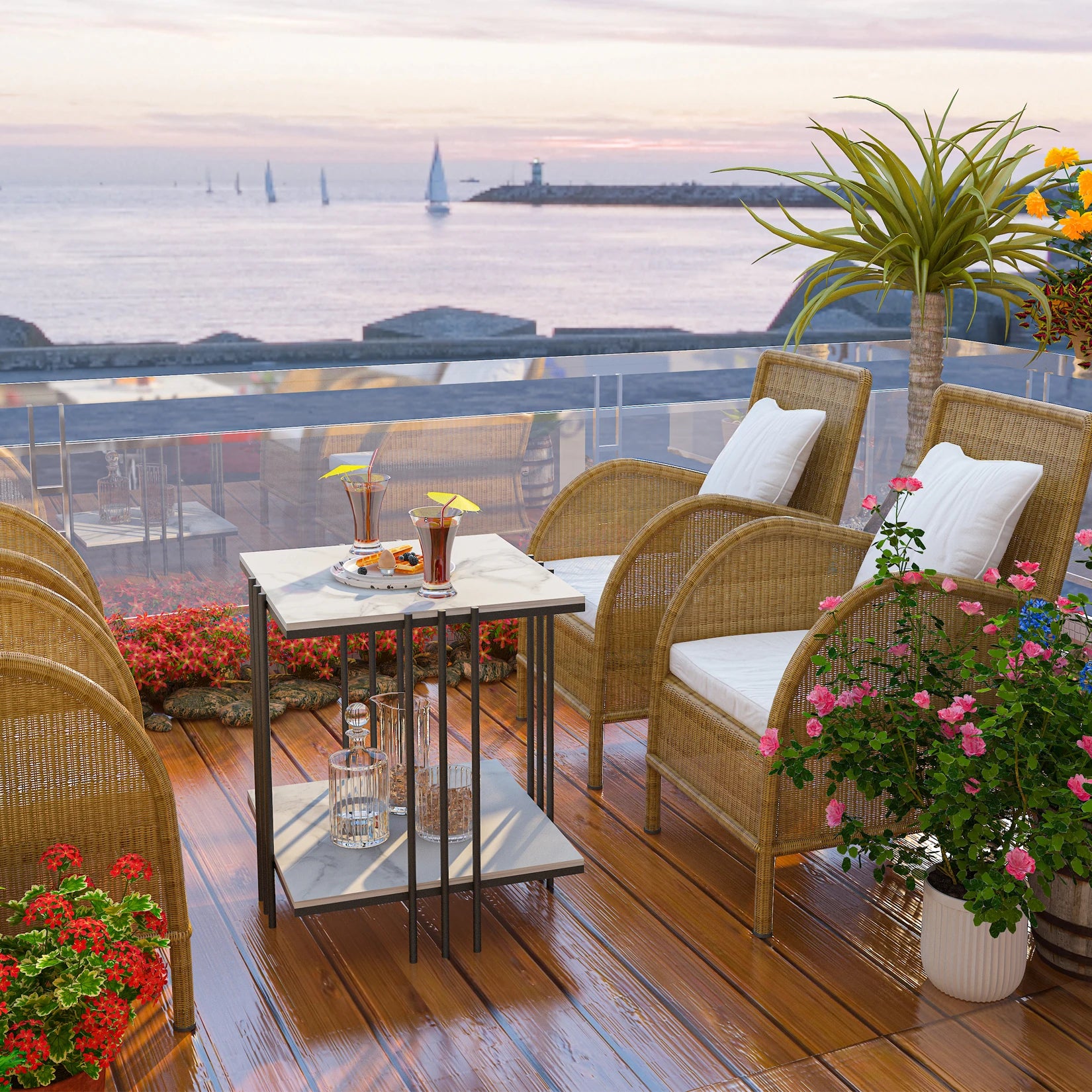 2-Tier Marble Sofa Side Table/ Coffee Table/ Modern Square Black Metal Frame for Living Room Accent