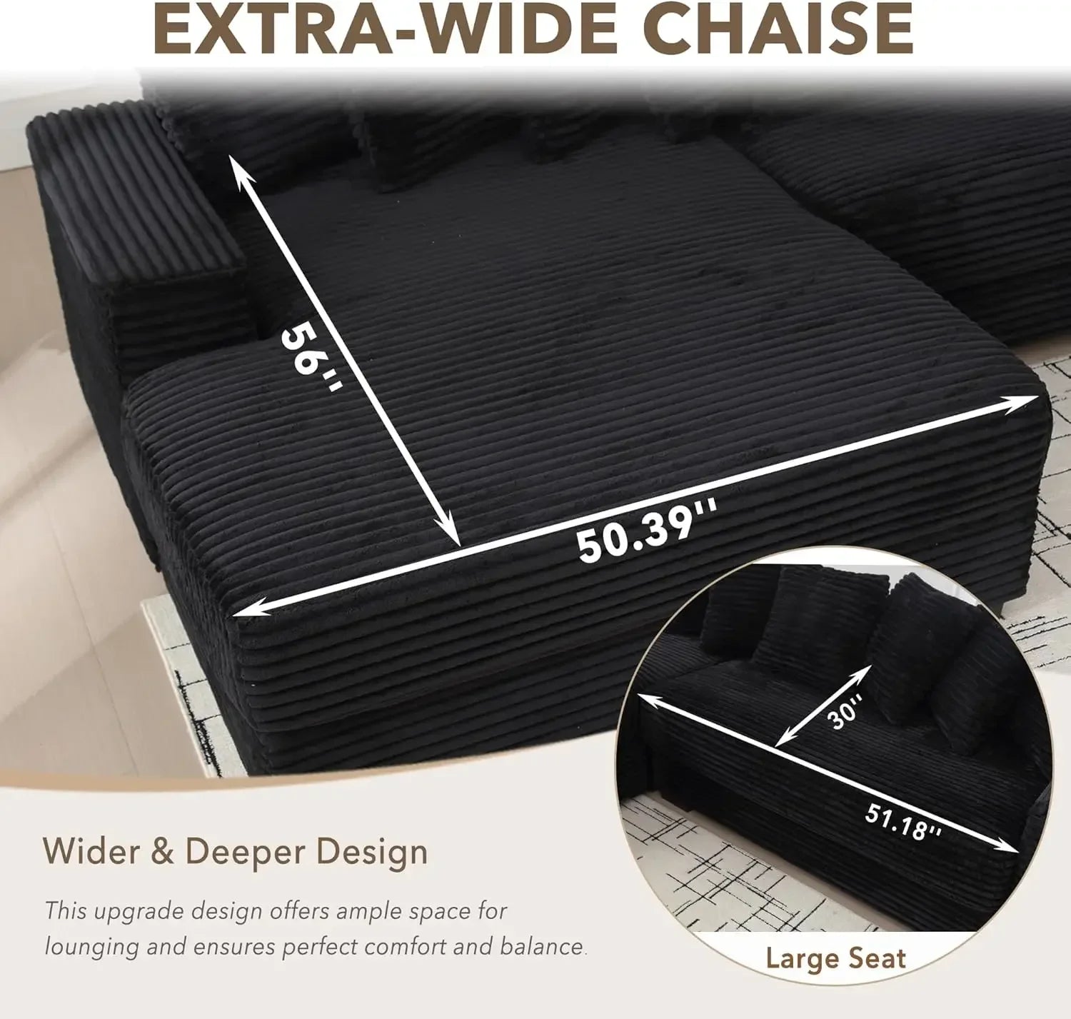 111'' Modern Sectional Sofa, L-Shaped Corduroy Couch with Left Chaise Daybed, Extra-Wide Oversized Lounge