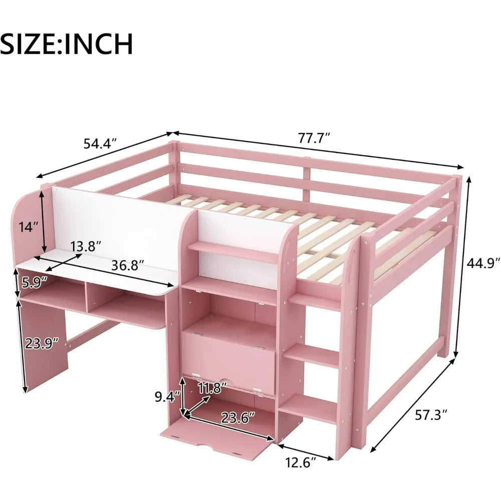 Modern Farmhouse Style Kids Full Size Low Loft Bed with Desk, Storage, and Bookcase