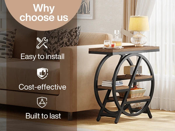 Tribesigns End Table for Living Room, 3-Tier Narrow Side Table with Storage, Wood Sofa Side Table with Geometric Metal Frame