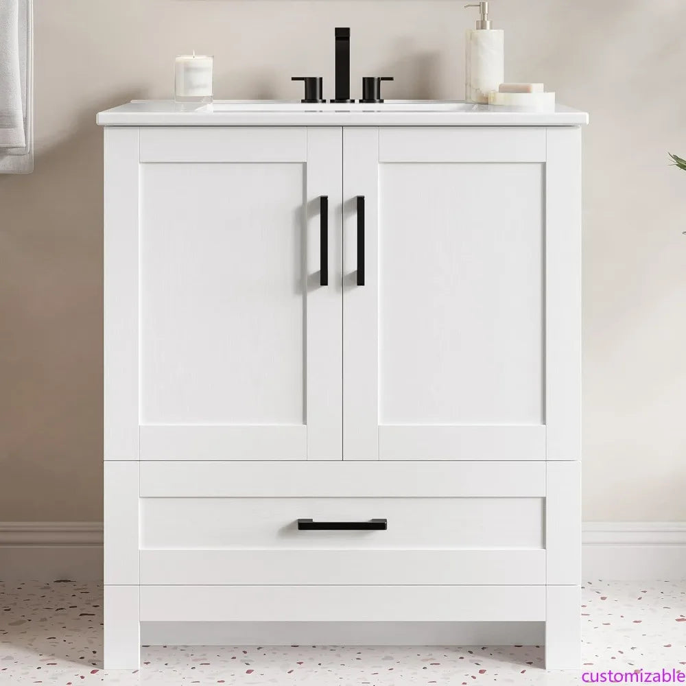 Modern Freestanding 30 Bathroom Vanity with Soft-Close Cabinet and Sink, Featuring Ample Storage and Sleek Design