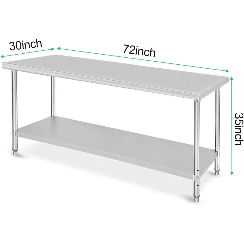 Commercial Grade 72 x 30 Stainless Steel Prep Table with Adjustable Shelf and Wheels