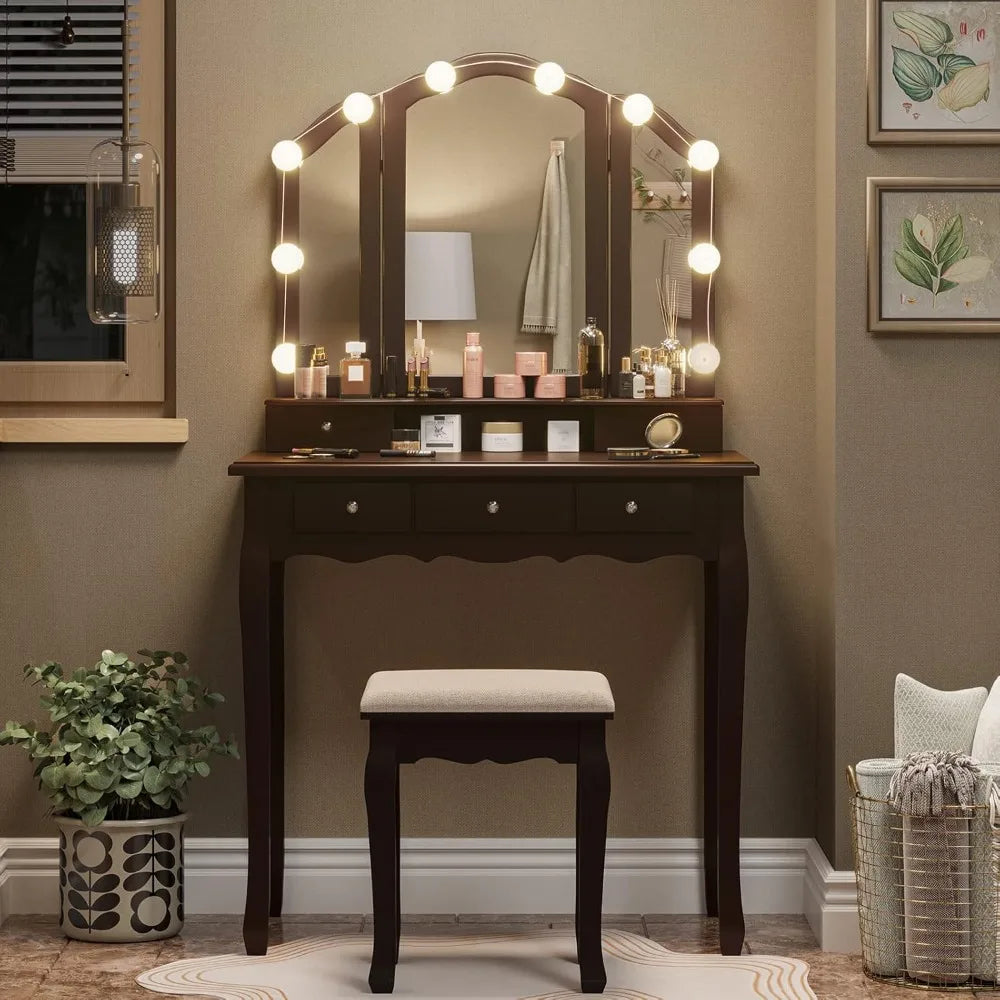 Makeup Vanity Set with Lighted Mirror and Stool, Dressing Table with 5 Drawers, and 3 Light Settings