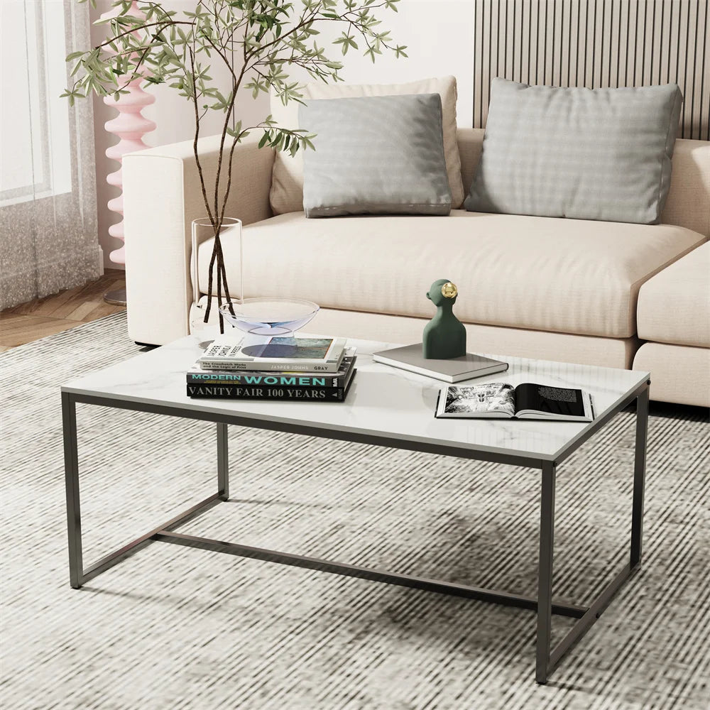 LUVODI Rectangle Living Room Coffee Table Sofa Side Table with White Black Grey Marble Tabletop