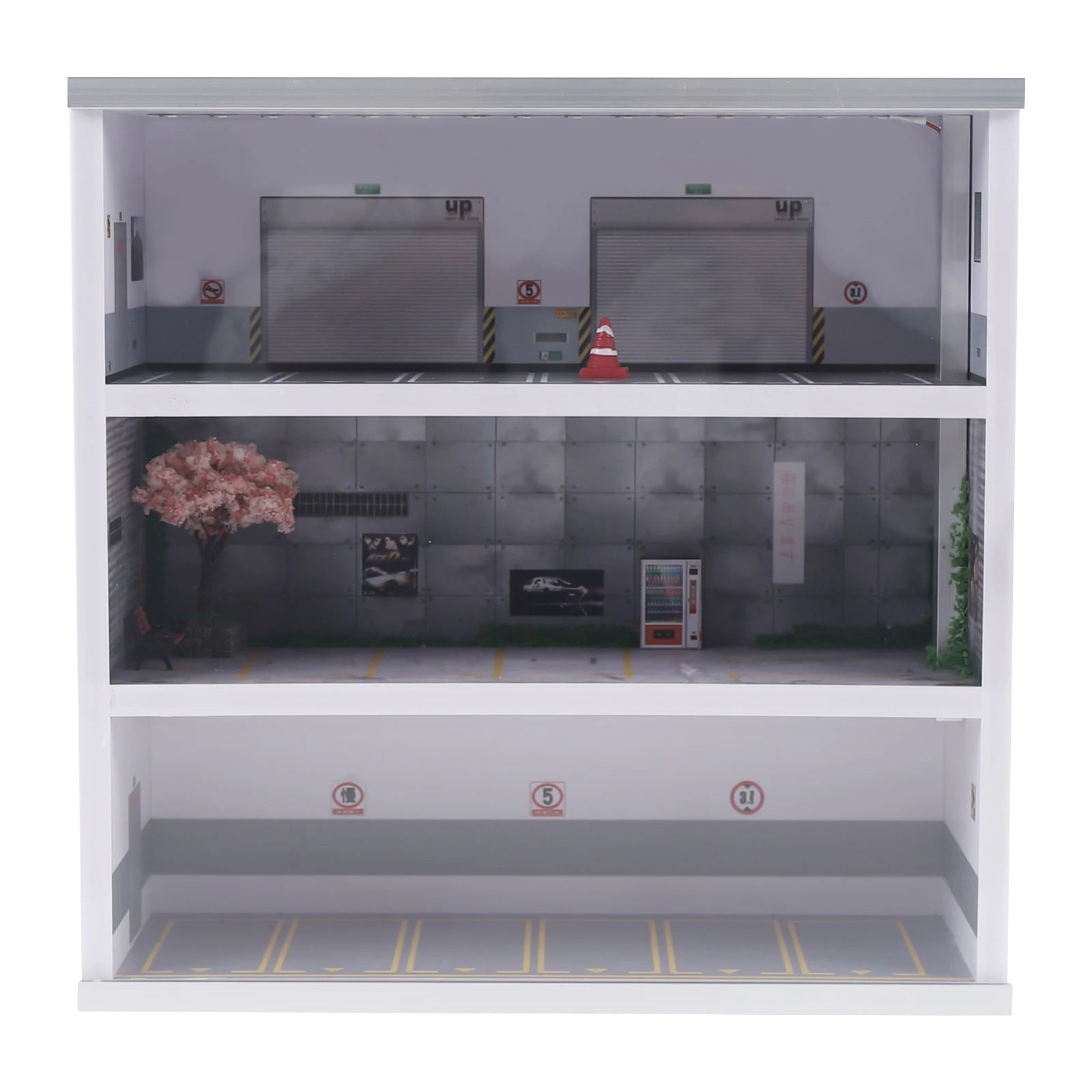 1:64 Simulation Diorama Parking Lot Display Case, 3 Tier 16 Parking Spaces Model Car Display Case with LED Light, Car Parking Lot Model for Diecast Car Collection