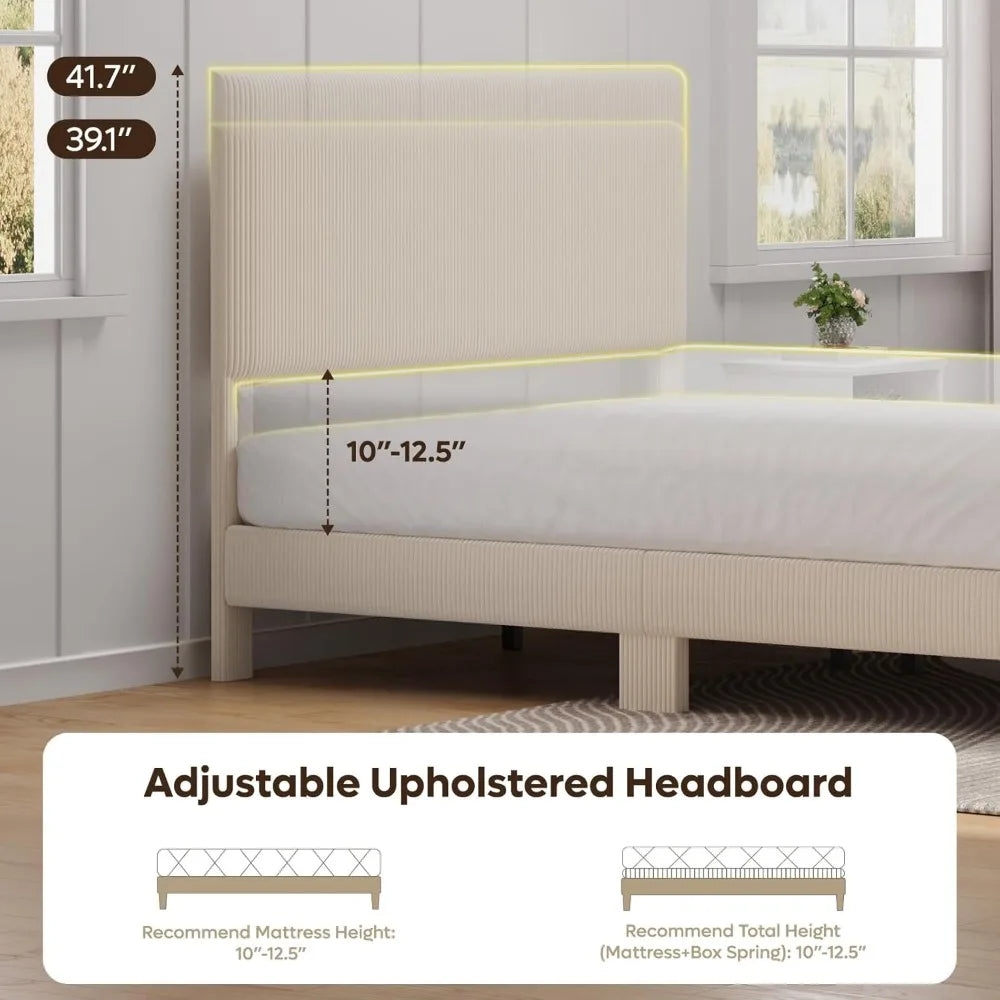 Queen Bed Frame with Adjustable Headboard, LED Lighting