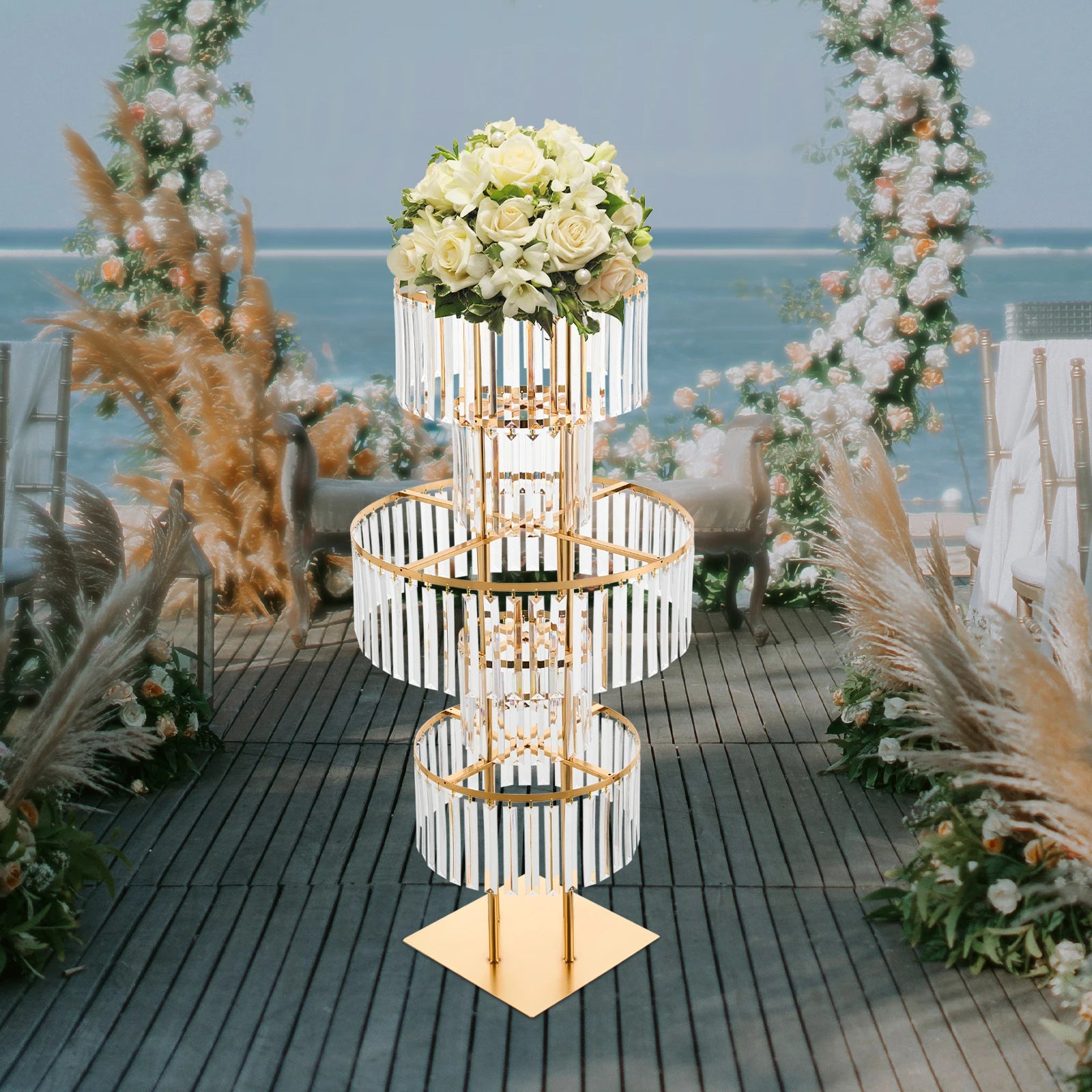 5 Tiers Iron Wedding Flower Stand/Acrylic Crystal Table/ Floor Centerpiece/ Decor Free Standing Floral Vase /Rack Gold, for Party/ Hotel Banquet