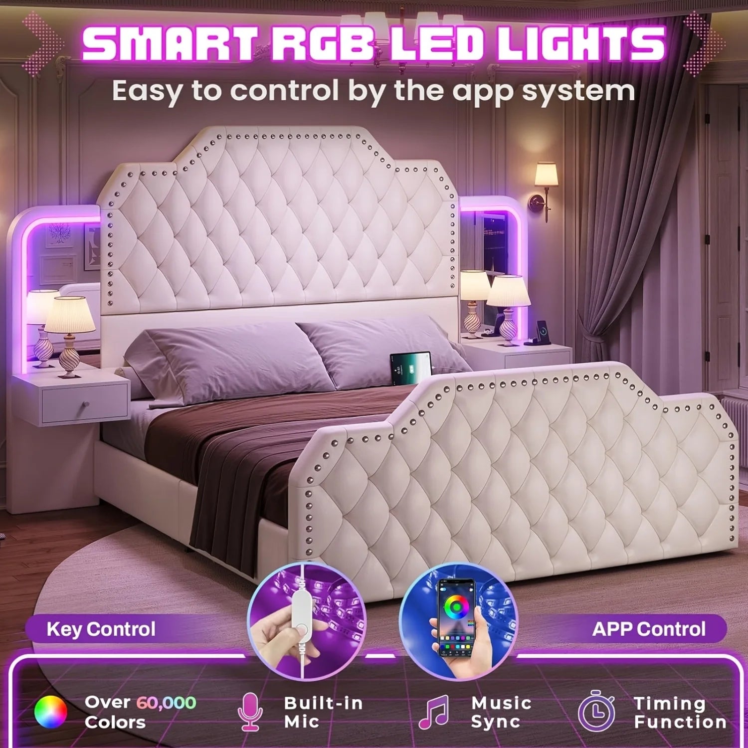 Queen Size Bed Frame/2 Nightstands with Mirror, Platform Bed Frame with 53" Tall Headboard and 4 Storage Drawers