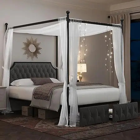 Queen Size Upholstered Canopy Bed Frame with Button Tufted Headboard, Metal Platform Base, and 2 Storage Drawers