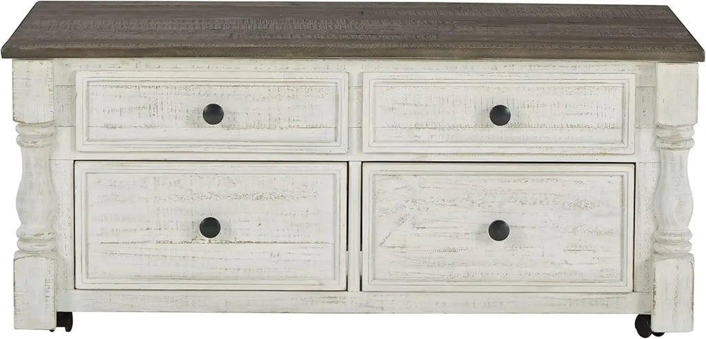 Farmhouse Lift Top Coffee Table with 4 Storage Drawers and Small Storage Tray, Whitewash