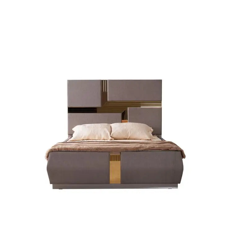 4-Piece Queen Bedroom Set in Gray, Wood Construction with Gold Accents