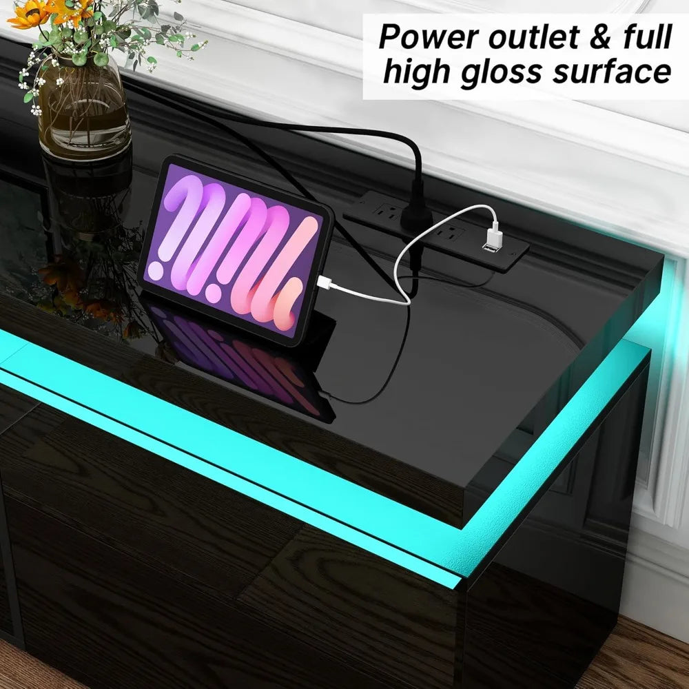 Fireplace TV Stand for 80" TV, 71" LED TV Stand with 40" Electric Fireplace & Power Outlet, High Gloss Surface, 2 Storage Cabinets