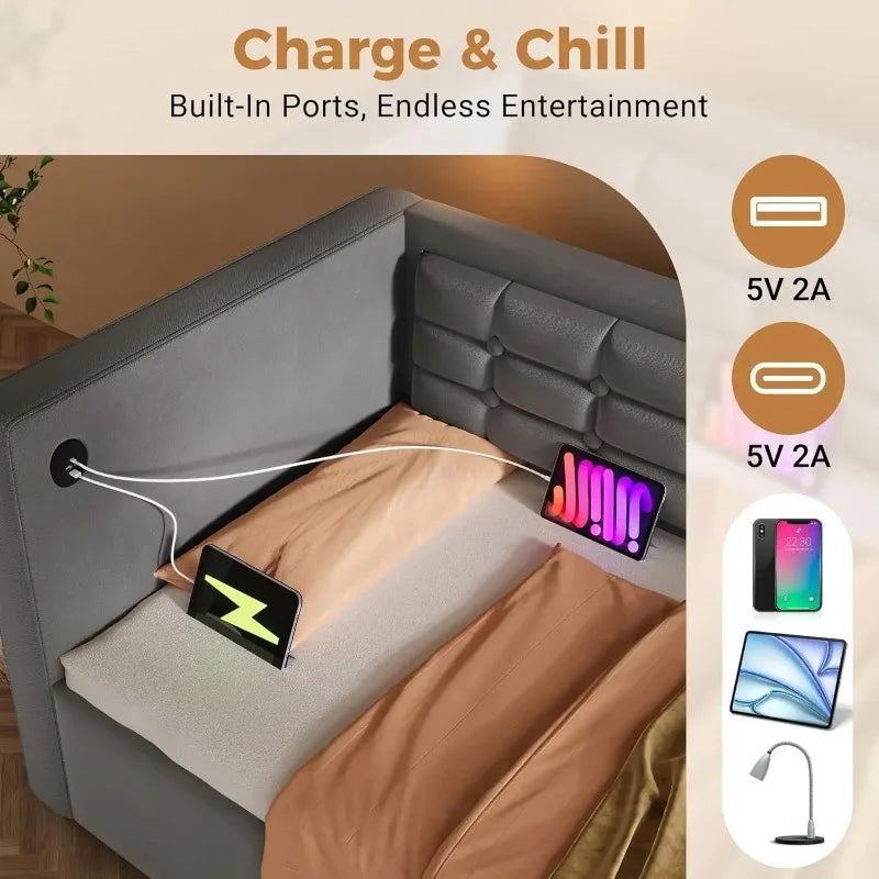 Twin Upholstered Velvet Daybed with Hydraulic Storage, USB & Type-C Ports, Wooden Slat Support, Tufted Sofa Bed Frame