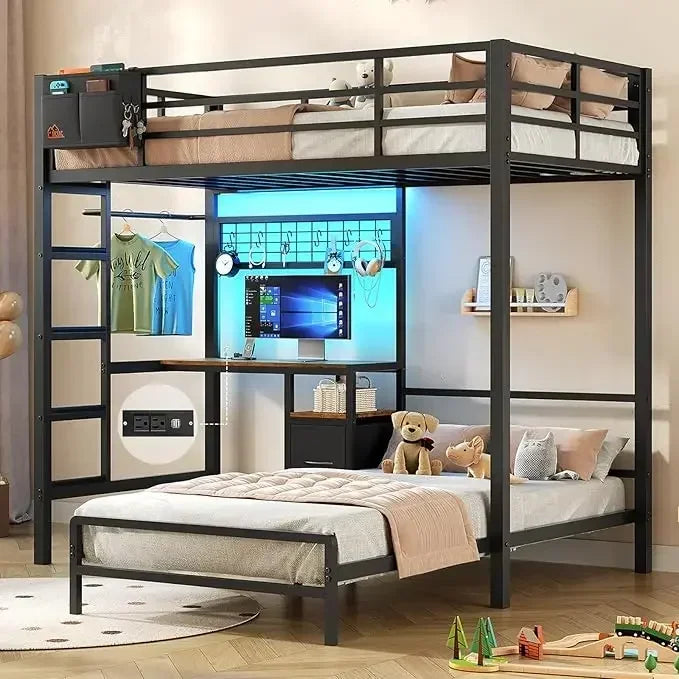 Metal L-Shaped Twin over Twin Bunk Bed with Desk, LED Lighting, and Charging Station