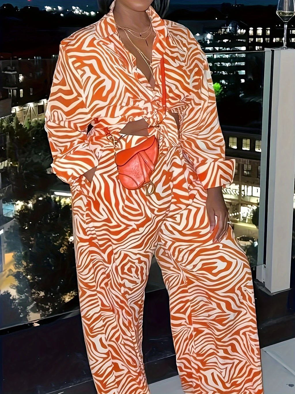 Orange Patterned Intellectual High-end Fashion Shirt Plus Size Set 2-piece Set