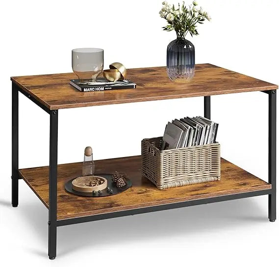 Modern Industrial Style Living Room Coffee Table with Storage Shelf and Metal Frame, 2-Tier Wooden Center