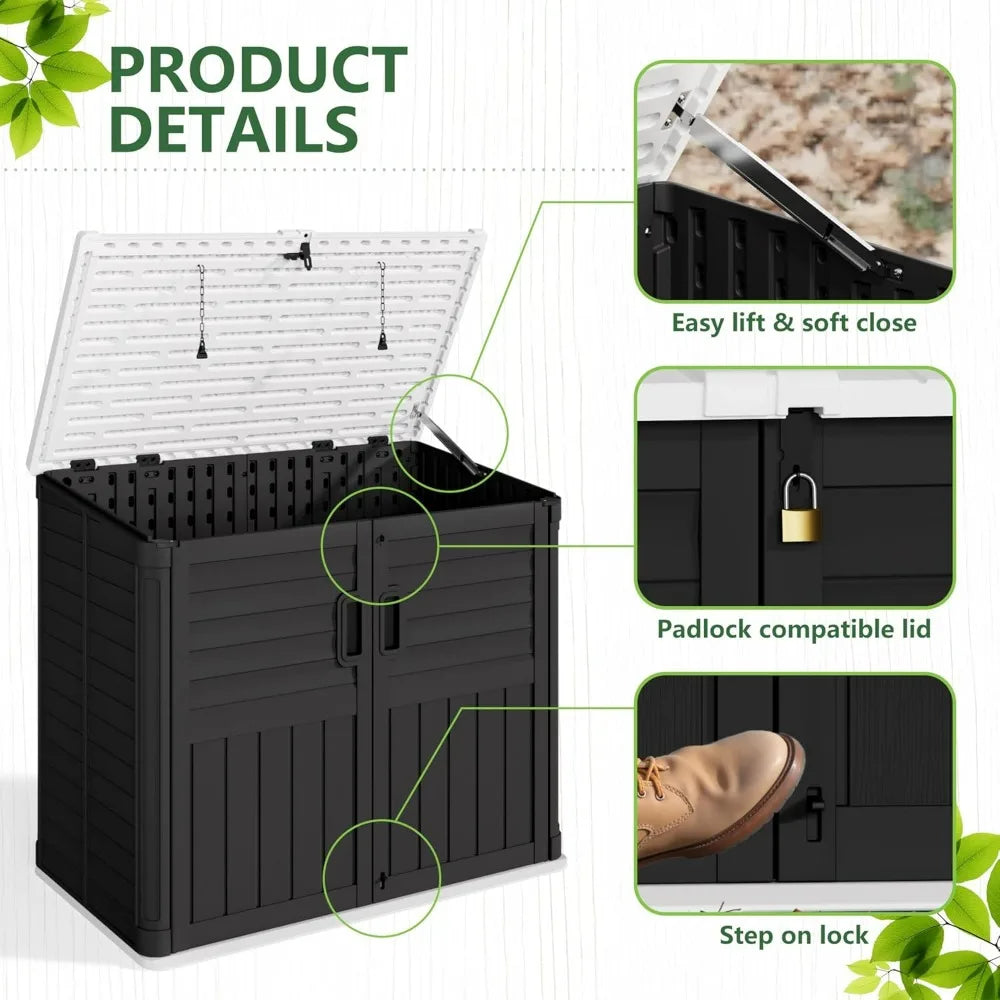 Outdoor Resin Shed, 34 Cubic Feet Horizontal Storage, Waterproof Box for Garden, Pool, and Waste Bin Storage