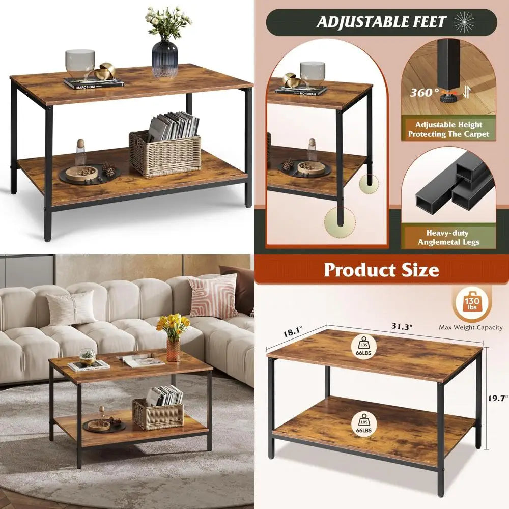 Modern Industrial Style Living Room Coffee Table with Storage Shelf and Metal Frame, 2-Tier Wooden Center