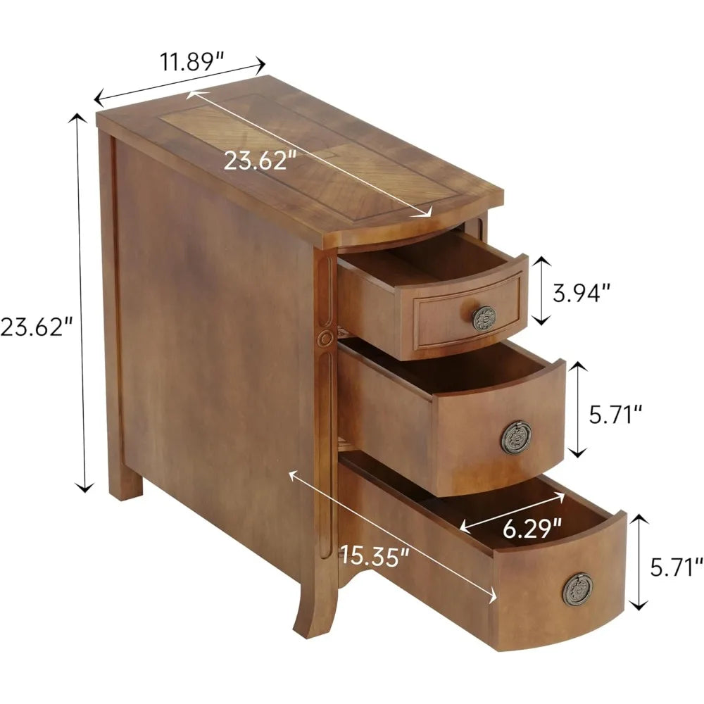 Solid Wood End Table, 3-Drawer Narrow Side Table Slim Chair Table for Living Room, Sofa Table with Drawers, Small Nightstand