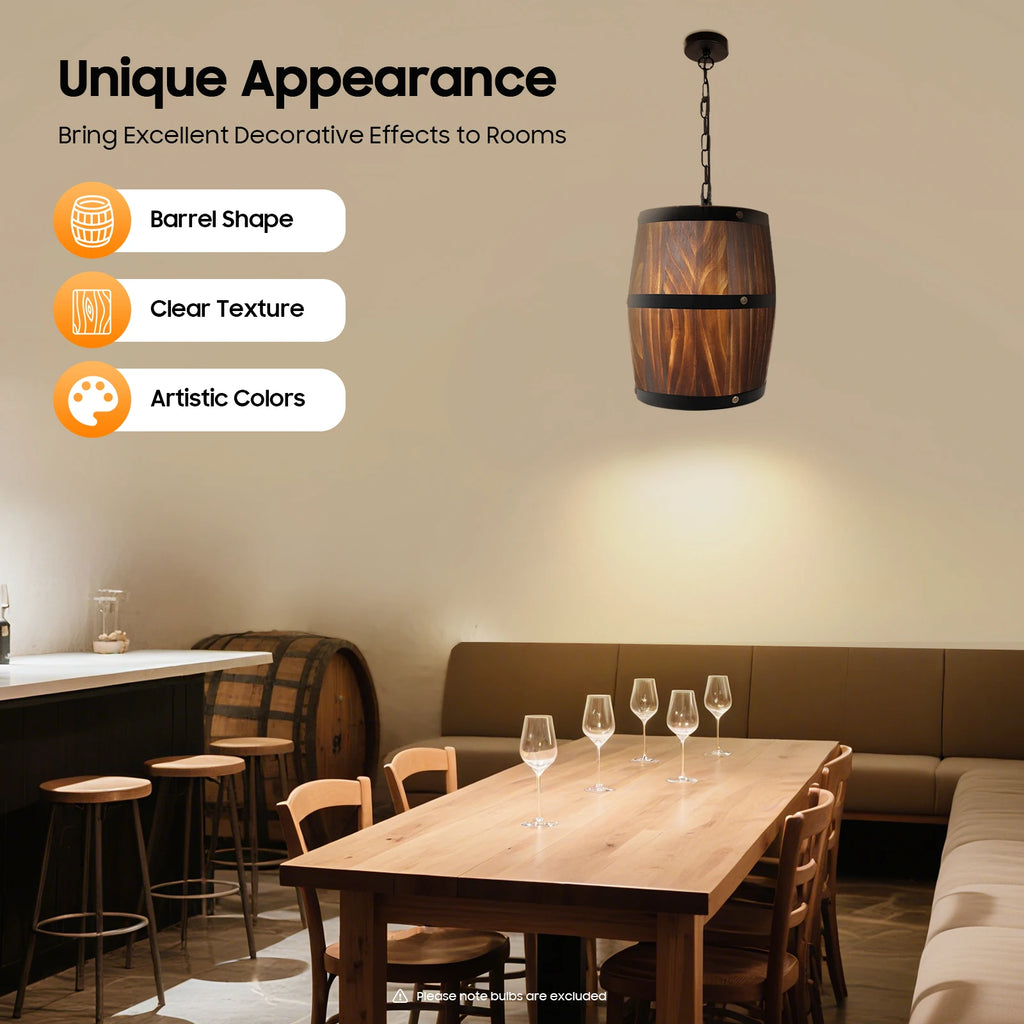 Vintage Wooden Barrel Chandelier Industrial Farmhouse Hanging Ceiling Light with Adjustable Chain