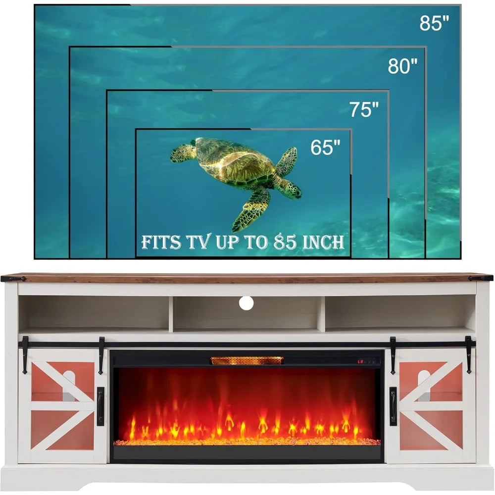 Fireplace TV Stand for 85" TV, 33" Tall Highboy Farmhouse Entertainment Center w/42'' Electric Fireplace & LED Light, Rustic