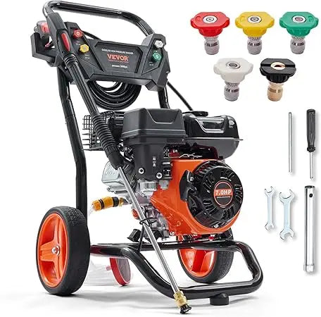 Gas-Powered Pressure Washer: 3400 PSI, 2.6 GPM, Spray Gun, Extension Wand, 5 Nozzles, Copper Pump