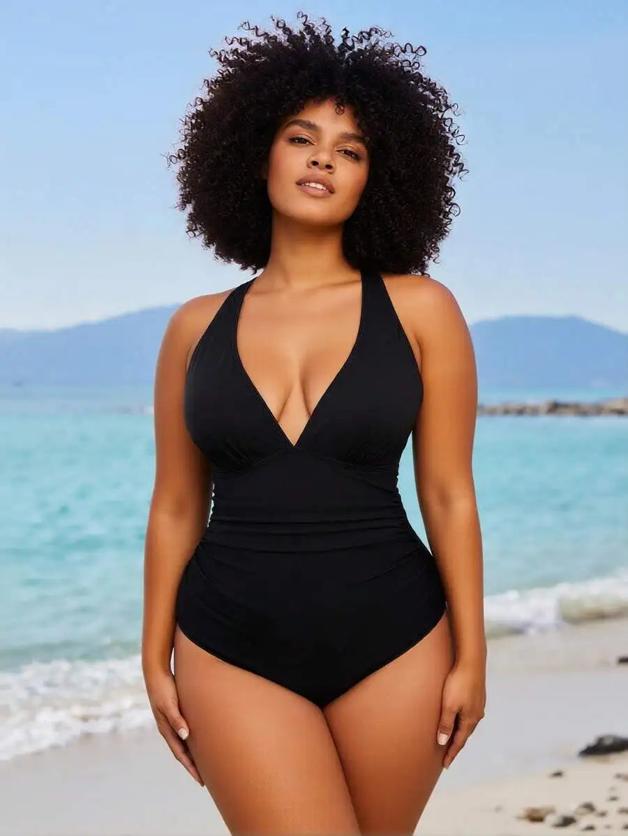 Womens Tummy Control Ruched V Neck One Piece Swimsuit Slimming Push Up Bathing Suit