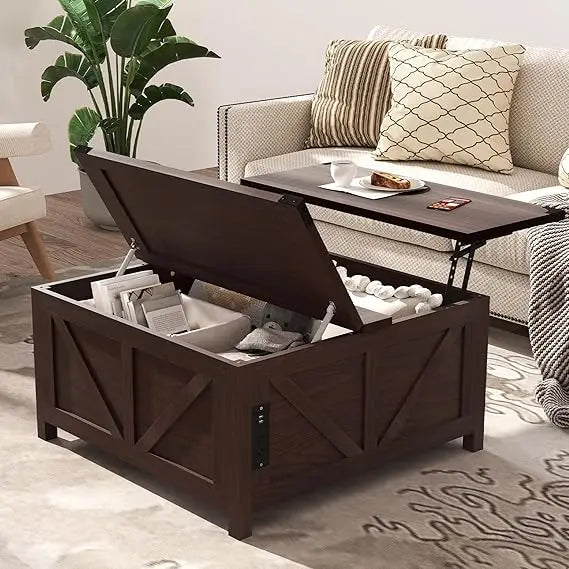 35'' Lift Top Coffee Table, Square Rattan Center Table with Large Hidden Storage, Farmhouse Coffee Tables for Living Room, Home