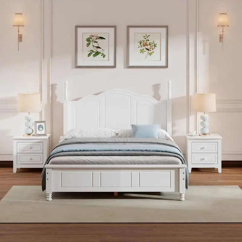 Full Size Wooden Platform Bed , White 3-Piece Bedroom Set