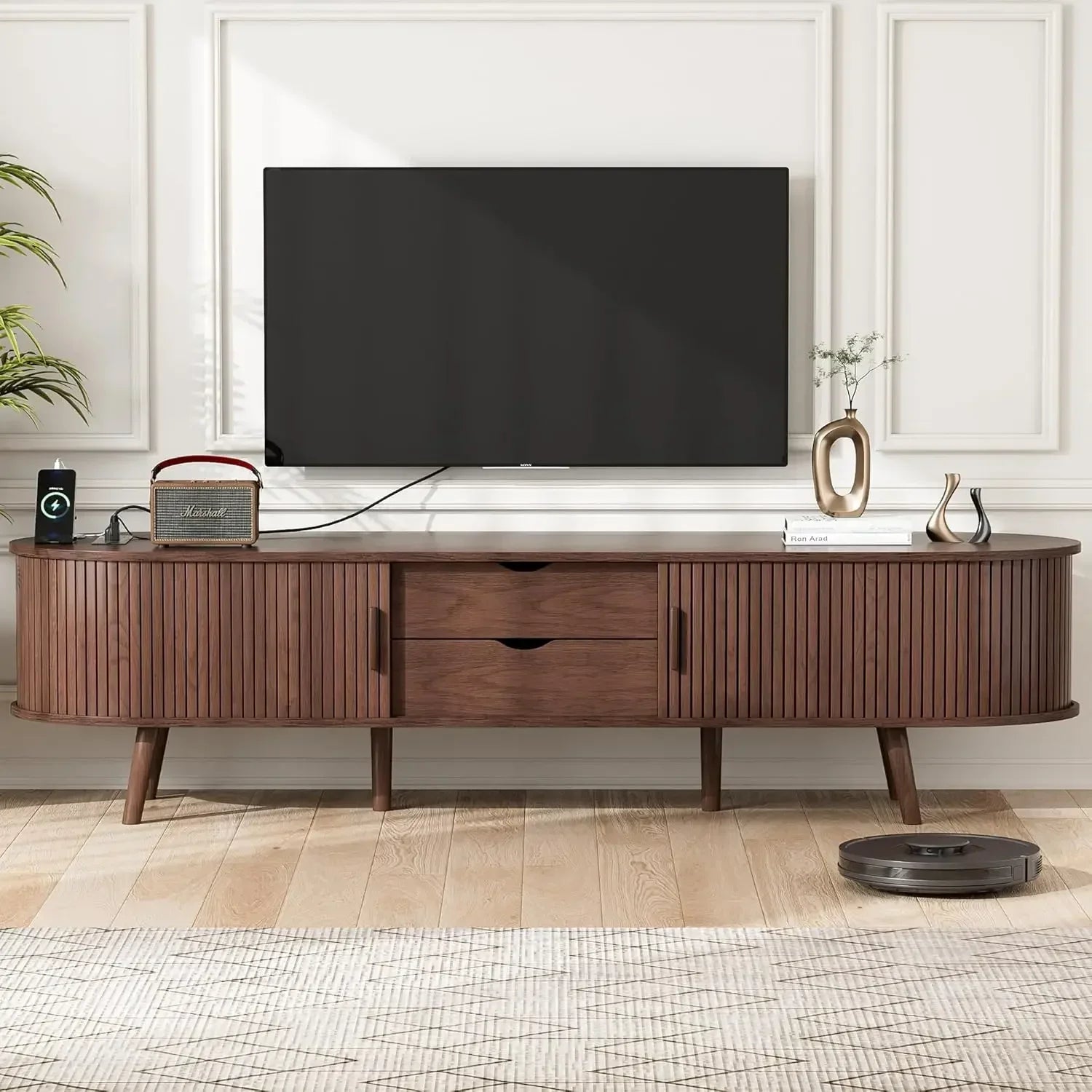 XMSJ. Fluted Entertainment Center Living Room,69" Mid Century Modern TV Stand with Charging Station ,Drawer and Shelf, Bedroom