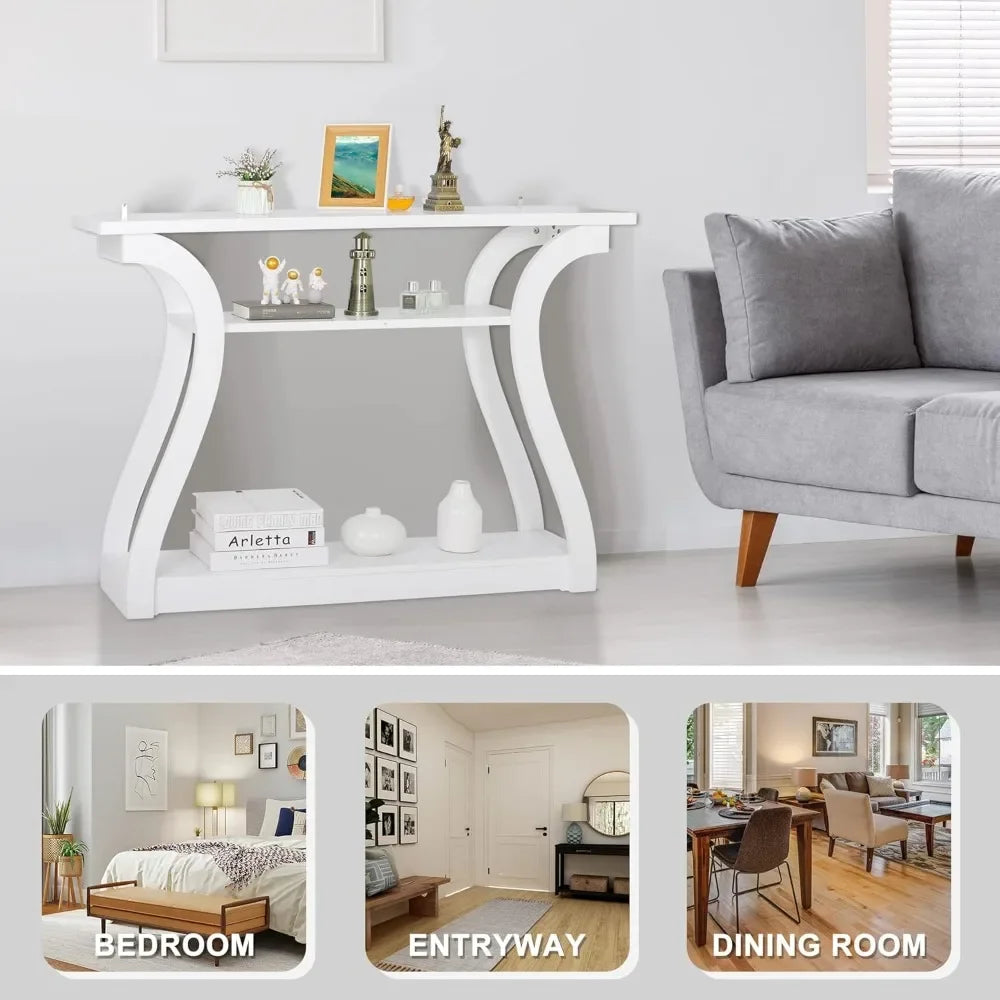 Wood Console Table for Entryway, 3 Tier Sofa Table with Curved Frame and 2 Open Storage Shelves, Narrow Table for Hallways