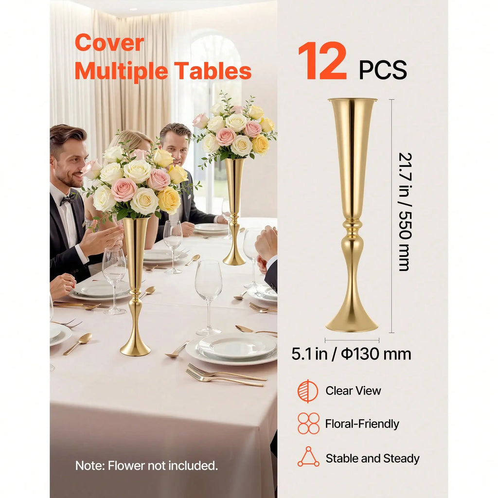 12 PCS Wedding Flower Vase, 21.7 In Tall Trumpet Flower Table Centerpieces, Banquet Vases Easy Installation, Electroplated Versatile Arrangement Stand For Party Events/ Home Decor Reception, Gold