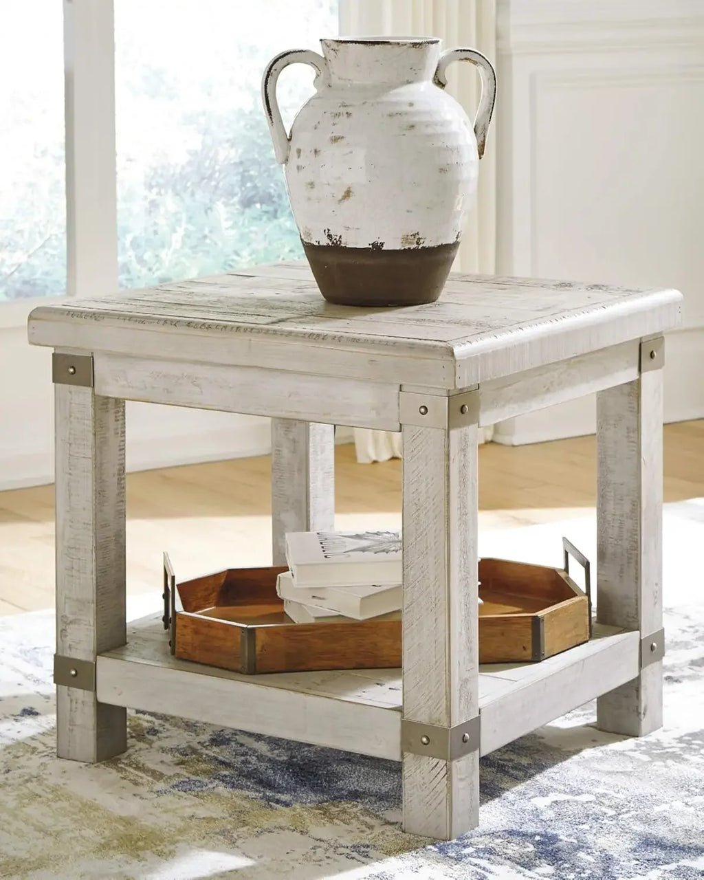 Rectangular End Table with Lower Shelf, 2 Electrical Outlets and 2 USB Ports, Whitewash