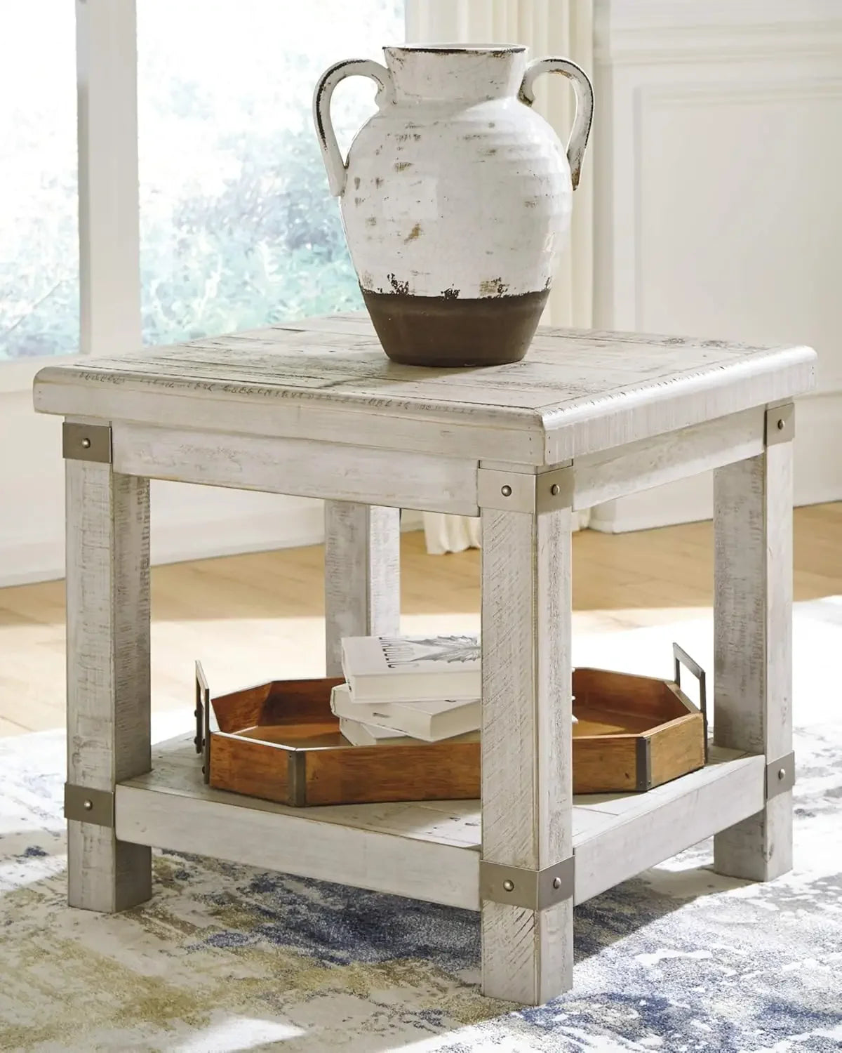 Rectangular End Table with Lower Shelf, 2 Electrical Outlets and 2 USB Ports, Whitewash