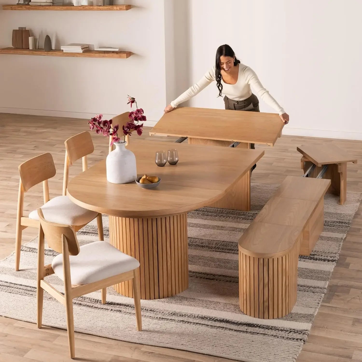 Expandable Round Dining Table Set for 4 to 8, and Chairs/ Set of 4 with Bench
