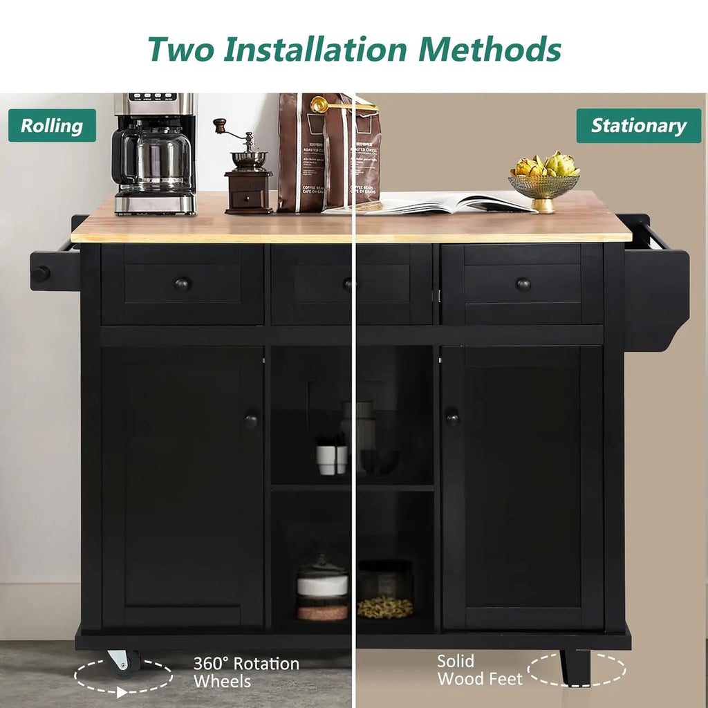 Rolling Kitchen Island with Drop Leaf, Kitchen Cart on Wheels with 3 Drawers and 2 Cabinets, Wood Portable Trolley, Customized