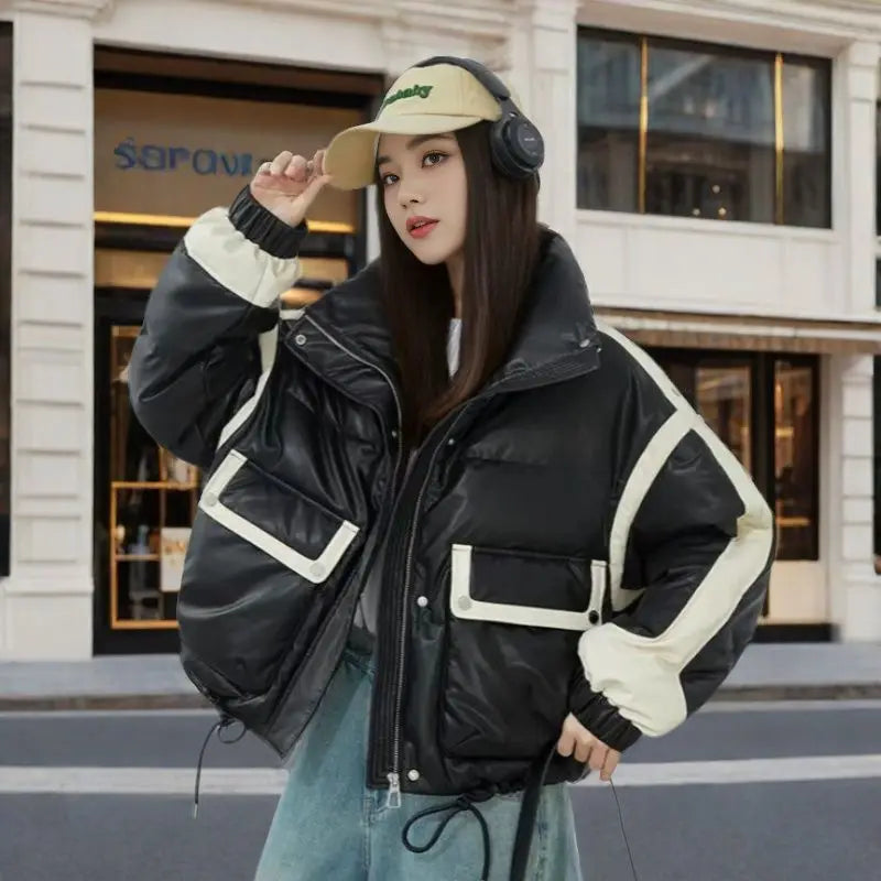 Y2K American New PU Fashion Solid Color Stitching Short Leisure Sports Cotton-padded Jacket Female Joker Loose Leather Coat