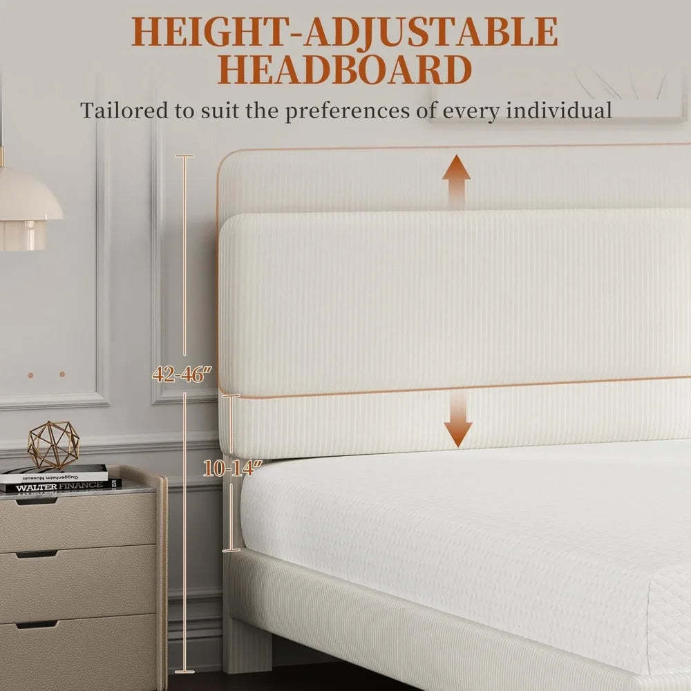 Full Size Bed Frame with Adjustable Headboard, Chenille Fabric Upholstered Headboard