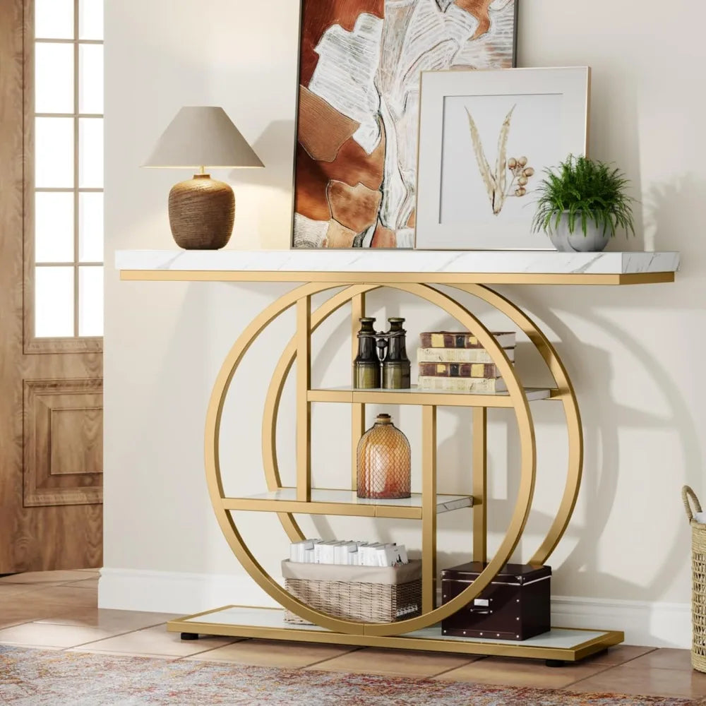 41.3" Console Table, Industrial Style Four Tier Sofa Table Entry Table with Round Base with Storage Shelf