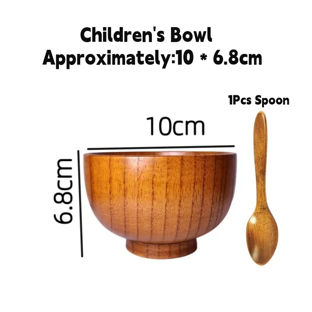 Kitchen Natural Wooden Soup Bowls,Round Fruit Salad Rice Bowls,With Spoon Set Food Containers Bowls,Large Tableware Noodle Bowls