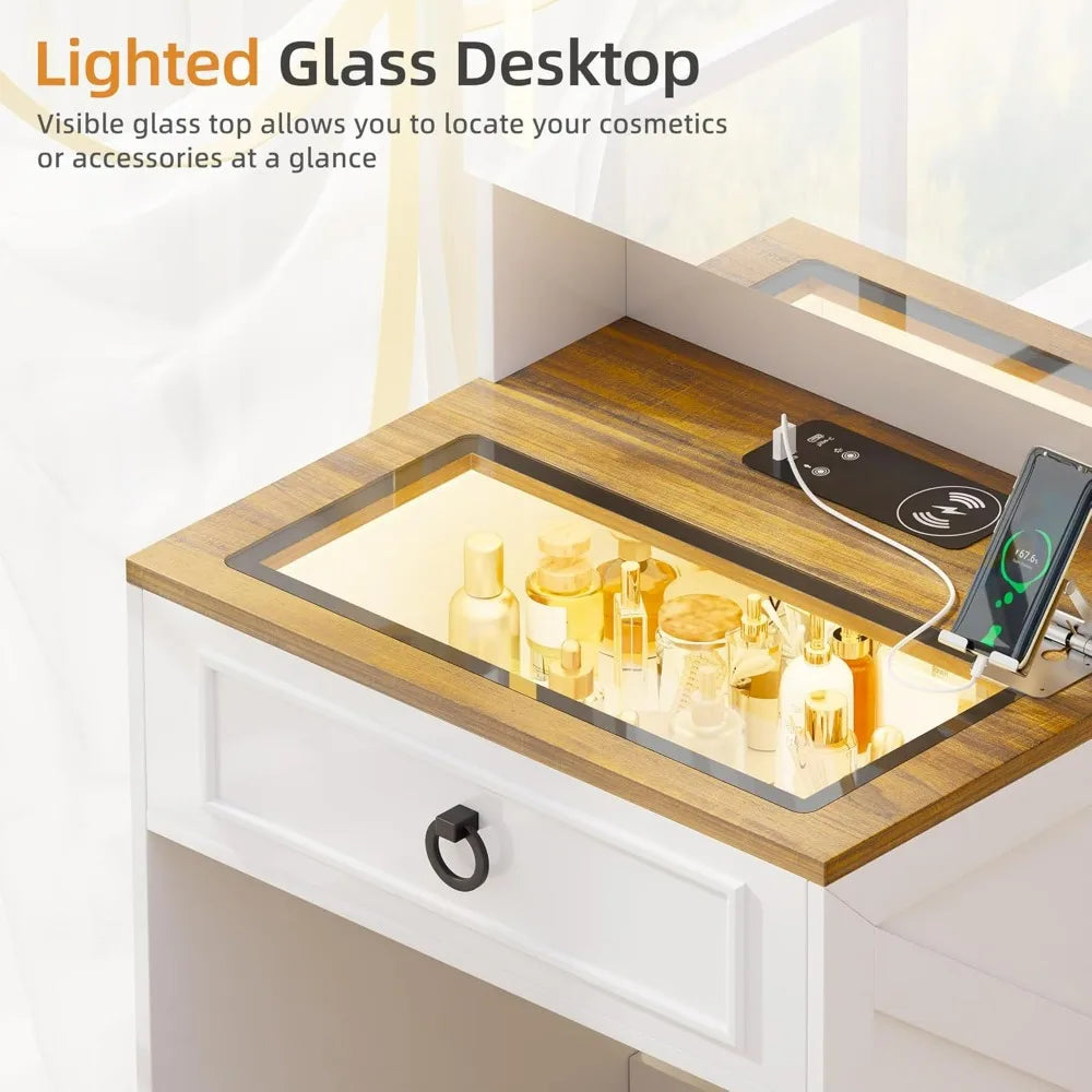 3-in-1 Compact Vanity Desk with Illuminated Mirror and Charging Station, Makeup Vanity Set