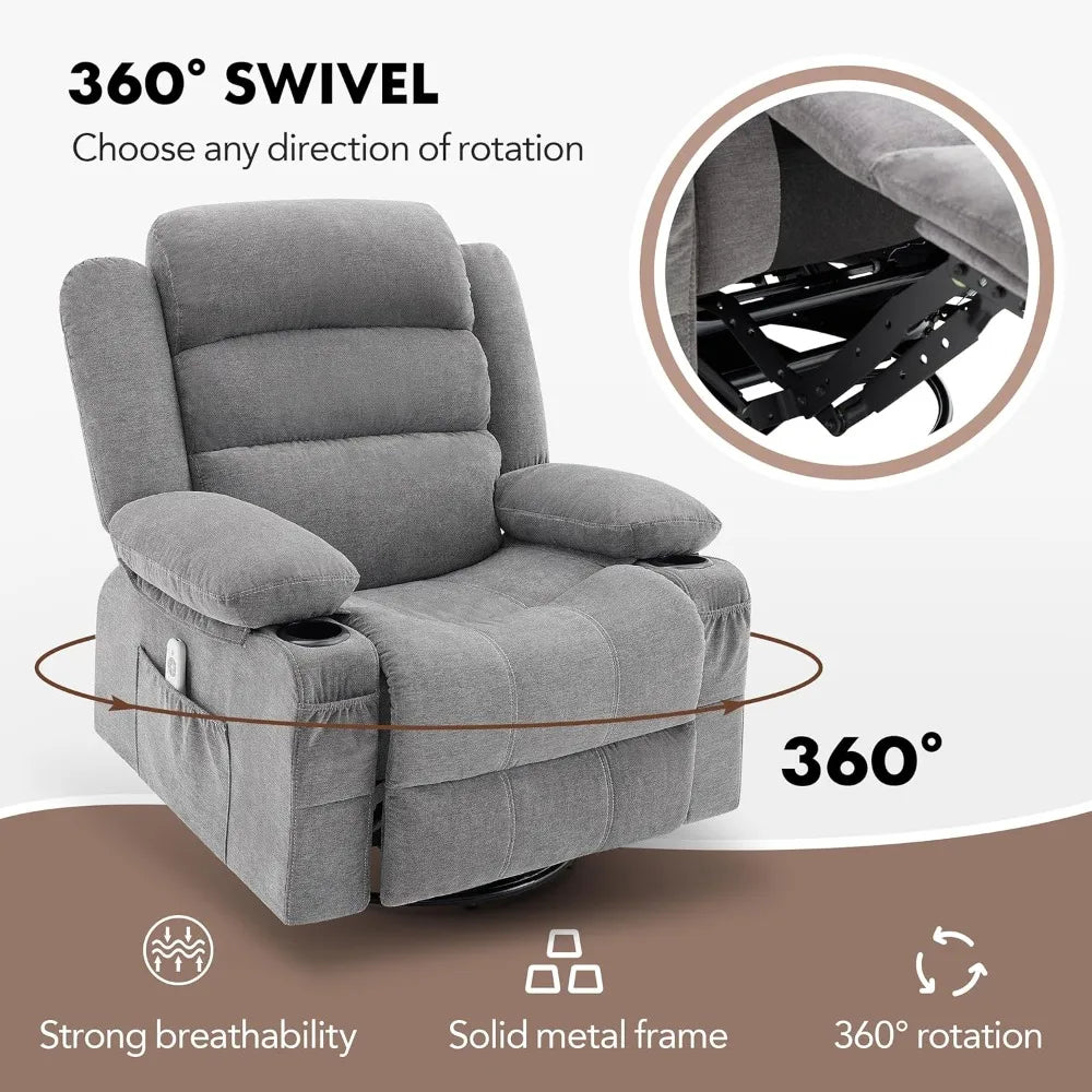 Adult-Sized 360° Swivel Rocker Recliner with Heat and Massage Features, Oversized Comfort Sofa Chair