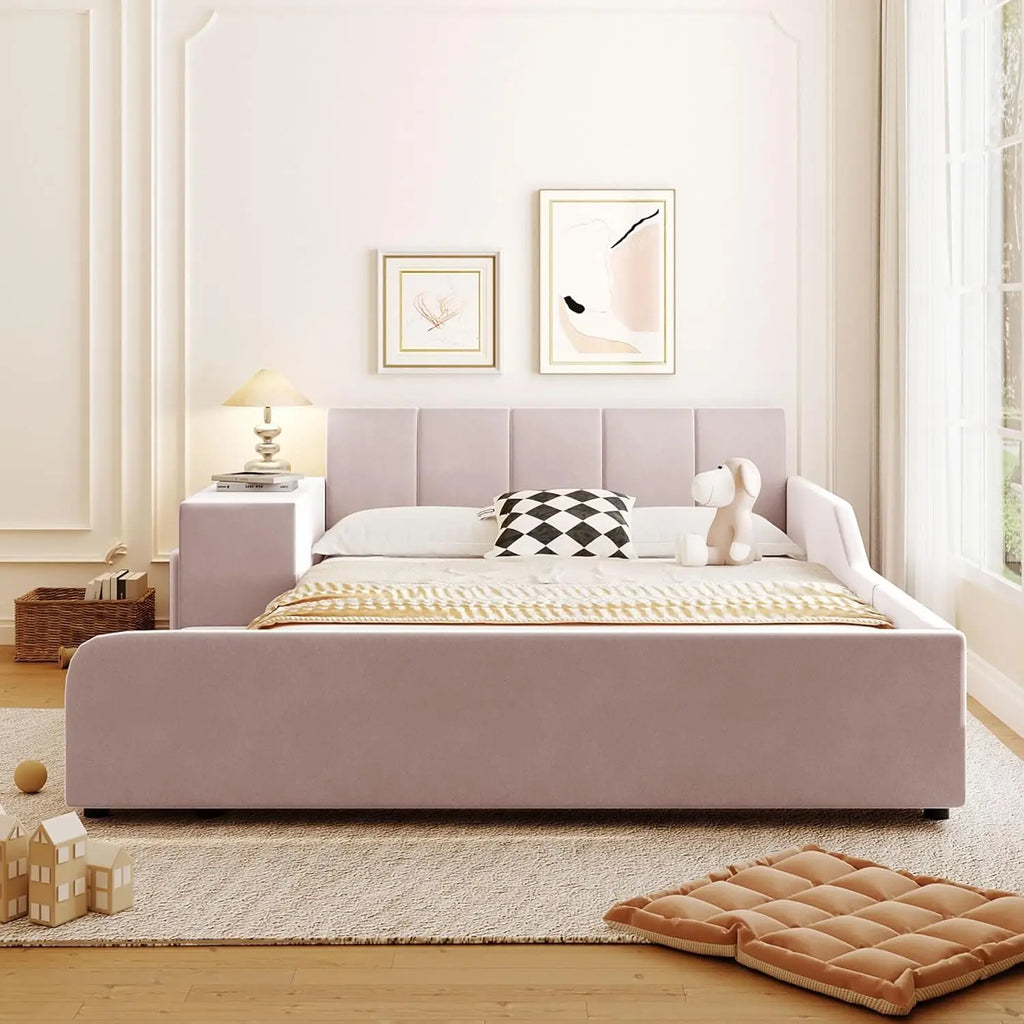 Velvet Upholstered Grounded Platform Bed, Wooden Full Size Mother & Child Bed Frame with Bedside Desk and Little Round Stool