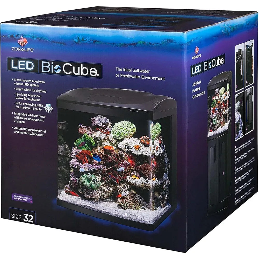 LED Bio Cube Aquarium Fish Tank Kit for Saltwater, Marine, Reef or Live Plants, 32 Gallons