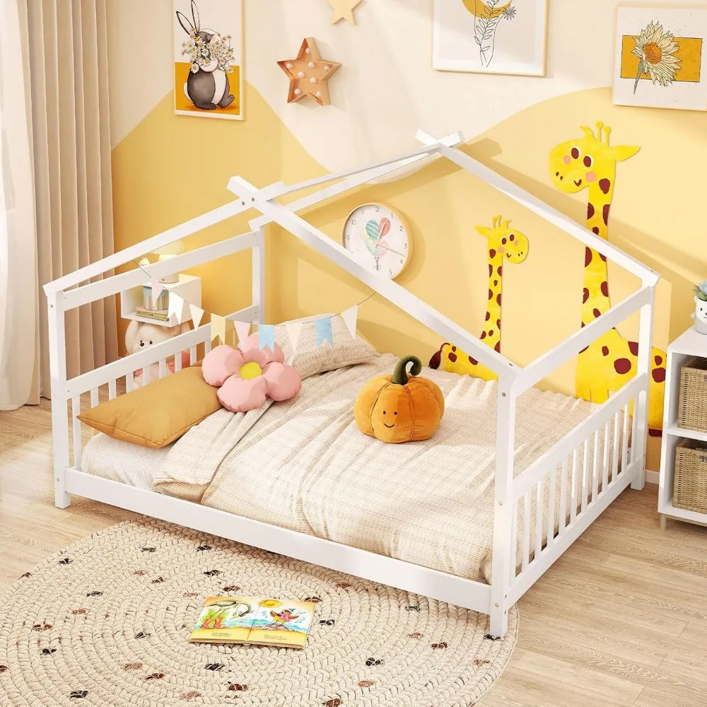 Full Size Floor Bed, with Roof, Headboard and Footboard, Low Full Bed Frame for Kids Teens Girl
